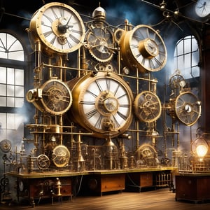 A fantastic steampunk laboratory, where science and invention collide. Before you lies a workshop filled with gleaming brass contraptions and creaking gadgets, each more elaborate than the last. Mad scientists conducting experiments with giant mechanical clocks, amidst the crackle of electricity and the hiss of steam, in search of discovery and innovation. Extreme long Shot.