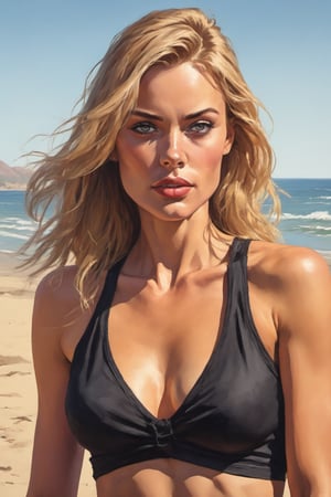 Highly detailed and hyper-realistic painting image of a wonderful stunning young caucasian woman, 34-years-old, blonde hair, full natural lips, black bikini, american comic aesthetics, standing on the beach. BREAK 

Angry, (angry expression:1.3), angry pose, (front view:1.4), looking at the viewer, BREAK 

vaporwave aesthetics, (upper body shot:1.2), eye level, beach on a sunny summer day in the background, BREAK vivid colours, (extremely realistic and accurate:1.4), BREAK vivid colours, octane render, intricate, ultra-realistic, elegant, highly detailed, digital painting, artstation, concept art, smooth, sharp focus, illustration, by ilya kuvshinov and krenz cushart, three-quarters view, sharp hard lines, brush strokes, watercolor, ink panting, ink, Comic Book-Style 2d,detailmaster2,art_booster,ani_booster,
