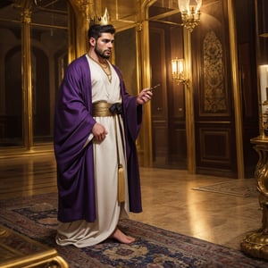 (((1man))), king, long beard, gold necklace, (stocky), short black hair, mature, gold crown, crow's feet, beautiful purple robe,

((photorealistic, masterpiece, high details, best quality, UHD 32K, RAW photo), looking at camara, front view, (( full body shot )), far angle shot, full body, fashion photography, professional photographer, elegant, very detailed, colorful, attractive, beautiful,