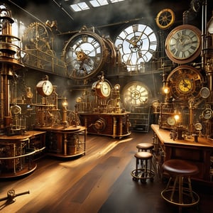 A fantastic steampunk laboratory, where science and invention collide. Before you lies a workshop filled with gleaming brass contraptions and creaking gadgets, each more elaborate than the last. Mad scientists conducting experiments with giant mechanical clocks, amidst the crackle of electricity and the hiss of steam, in search of discovery and innovation.