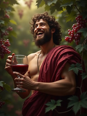 Create a high-quality image, extreme detail, intricate detail, depth of field, ultra definition, extreme realism, real life, realistic image, high-quality lighting, 16k UHD, Dionysus, the god of wine, holding a goblet, surrounded by vines and grapes, with a joyous expression.