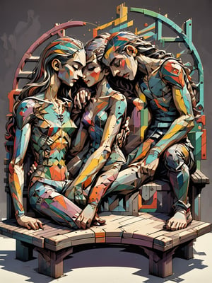 (Minimalism) a Frank Stella style minimalist painting of 2 young lovers sitting and holding hands on a parc bench, dark palette,  high resolution and contrast and colour contrast,  intricately textured and extremely subtle detailed,  detailmaster2,  side-light,  ultra quality,  fine artwork 