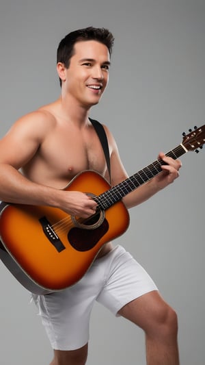 a man, 35 years old, European Caucasian, shaved, short black hair, white swimsuit, (no shirt), walks while ((plays an acoustic guitar)), instrument, Music, guitar, playing an instrument, holding an instrument, BREAK
((walking)), happy, image of (((full body))), in a photo studio, gray background, (front view:1.4), BREAK
realistic style, photorealistic, fashion photography, highly detailed, masterpiece, best quality, spectacular lighting, Aesthetic_Guitar,Concept,