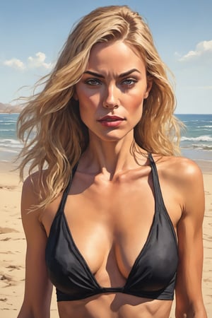 Highly detailed and hyper-realistic painting image of a wonderful stunning young caucasian woman, 34-years-old, blonde hair, full natural lips, black bikini, american comic aesthetics, standing on the beach. BREAK 

Very angry, (angry and furious expression:1.3), angry pose, (front view:1.4), looking at the viewer, BREAK 

vaporwave aesthetics, (upper body shot:1.2), eye level, beach on a sunny summer day in the background, BREAK vivid colours, (extremely realistic and accurate:1.4), BREAK vivid colours, octane render, intricate, ultra-realistic, elegant, highly detailed, digital painting, artstation, concept art, smooth, sharp focus, illustration, by ilya kuvshinov and krenz cushart, three-quarters view, sharp hard lines, brush strokes, watercolor, ink panting, ink, Comic Book-Style 2d,detailmaster2,art_booster,ani_booster,
