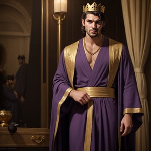 (((1man))), king, long beard, gold necklace, (stocky), short black hair, mature, gold crown, crow's feet, beautiful purple robe,

((photorealistic, masterpiece, high details, best quality, UHD 32K, RAW photo), looking at camara, front view, medium body shot, far angle shot, fashion photography, professional photographer, elegant, very detailed, colorful, attractive, beautiful,