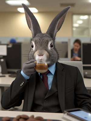 A dynamic scene of an anthropomorphic rabbit wearing a smart business suit, and drinking a cup of coffee. He is in front of his desk in the office. The background of the office shows cubicles and computers but there is no one there, which increases the absurdity of the situation.