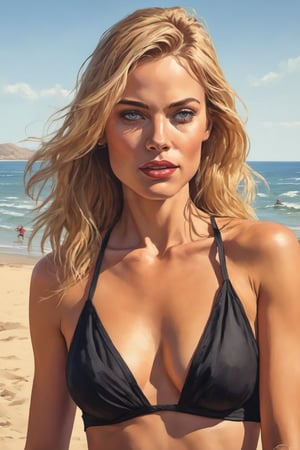 Highly detailed and hyper-realistic painting image of a wonderful stunning young caucasian woman, 34-years-old, blonde hair, full natural lips, black bikini, american comic aesthetics, standing on the beach. BREAK 

Sexy, (pleased expression:1.3), sexy pose, (front view:1.4), looking at the viewer, BREAK

vaporwave aesthetics, (upper body shot:1.2), eye level, beach on a sunny summer day in the background, BREAK vivid colours, (extremely realistic and accurate:1.4), BREAK vivid colours, octane render, intricate, ultra-realistic, elegant, highly detailed, digital painting, artstation, concept art, smooth, sharp focus, illustration, by ilya kuvshinov and krenz cushart, three-quarters view, sharp hard lines, brush strokes, watercolor, ink panting, ink, Comic Book-Style 2d,detailmaster2,art_booster,ani_booster,
