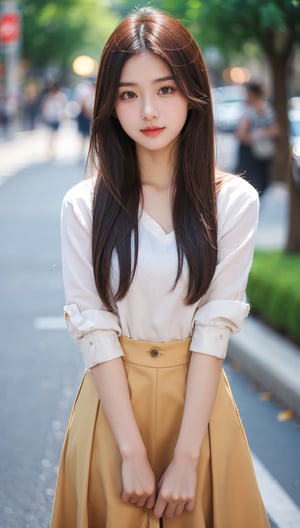 beautiful asian girl in street, professional photography, depth in field, high quality 