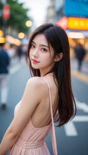 beautiful asian girl in street, professional photography, depth in field, high quality 