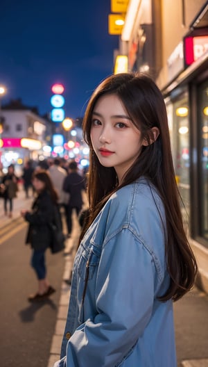 beautiful asian girl in street, professional night photography, depth in field, high quality 