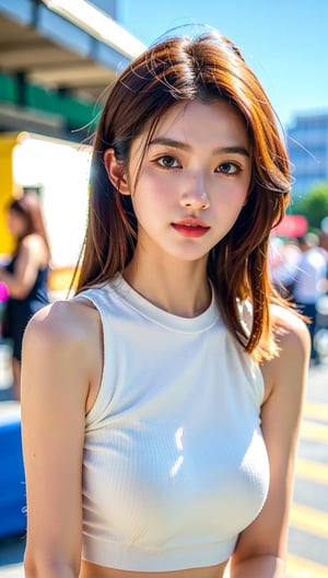 mid body portrait, beautiful south korean girl in street, professional photography, depth in field, pastel colors, high quality, sky, clouds, background blur