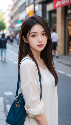 beautiful asian girl in street, professional photography, depth in field, high quality 