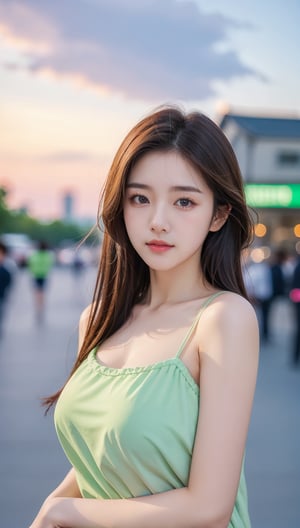 mid body, beautiful south korean girl in street, professional photography, depth in field, pastel colors, high quality, sky, clouds, background blur