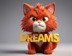 Cute fluffy dark red cat with yellow eyes holding a 
 Big colorful letters ("dreams about freedom":1.35), HDR, sharp focus, comic style, Disney inspired, 3d, 3d render