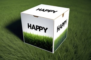 Masterpiece , ( ultra detailed:1.2 ) , hyperrealistric photo , 1box , cube , closed , Each side of the box is white , text ("HAPPY") is printed on the front side  . There is no text on another sides of the box , put the box on the grass gorund  ,