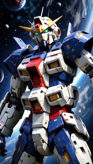Masterpiece , (HDR:1.2) , ultra detailed , ultra best quality , perfect portrait ,  photo quality ,   a Gundam ,  Jet flight in the universe ,  Armor damaged , 