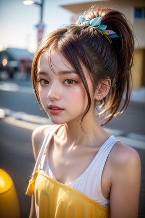 (((masterpiece, best quality:1.3))),((ultra detailed face)), sole_female, solo,  ponytail, t-shirt, head to waist bodyshot, happy, outdoors, street, lamppost, hair bow, (pretty girl:1.2), realistic, raw photo, low key, illustration, small eyes, (yellow brown hair:1.3),photorealistic, 21 years old female, ,HKFace