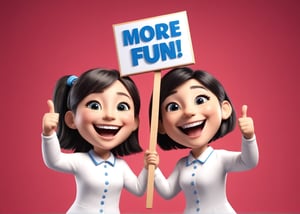 Depict two cartoon characters holding a sign that reads "More Fun!" with joyful smiles, comic style, cartoon, 3d, 3d render