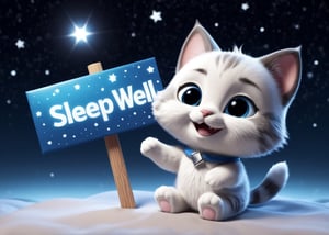 Depict  cartoon cat holding a sign that reads ("sleep well":1.35), joyful, comic style, cartoon, 3d, 3d render, night, starry sky 