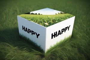 Masterpiece , ( ultra detailed:1.2 ) , hyperrealistric photo , 1box , cube , closed , Each side of the box is white , text ("HAPPY") is printed on the front , There is no text on other sides of the box , put the box on the grass gorund  ,