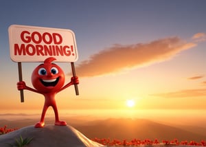 Depict  cartoon characters holding a sign that reads ("GOOD morning":1.35), joyful, comic style, cartoon, 3d, 3d render, beautiful sunrise 