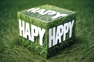 Masterpiece , ( ultra detailed:1.2 ) , hyperrealistric photo , 1box , cube , closed , Each side of the box is white , text ("HAPPY") is printed on the front , There is no text on other sides of the box , put on the grass gorund  ,