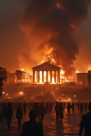 Create a dramatic scene of ancient Rome in flames during Nero. The image should feature iconic Roman architecture, like temples and forums, engulfed in bright orange and red flames. Smoke billows into a darkening sky as people rush to escape the chaos. The atmosphere is tense and filled with a sense of urgency, capturing the historical significance of this catastrophic event
D