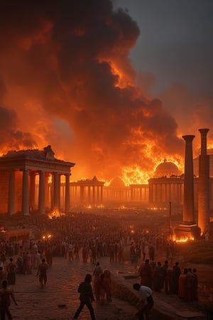 Create a dramatic scene of ancient Rome in flames during Nero. The image should feature iconic Roman architecture, like temples and forums, engulfed in bright orange and red flames. Smoke billows into a darkening sky as people rush to escape the chaos. The atmosphere is tense and filled with a sense of urgency, capturing the historical significance of this catastrophic event
D