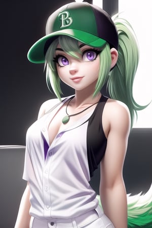 pale girl, long, kelly green hair in ponytail, purple eyes, wolf ears, fluffy kelly green tail, black tank top underneath white button up, uranus necklace, black and white baseball cap,