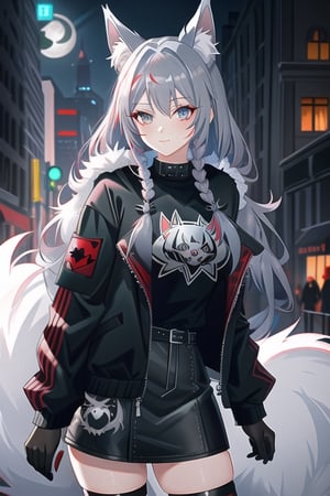 silver_fur, wolf, blue-grey eyes, red_hair, fishtail_braid over shoulder, furry, hellhound,cartoon,furry girl,FurryCore, black_spiderweb_shirt, green_bomber_jacket,