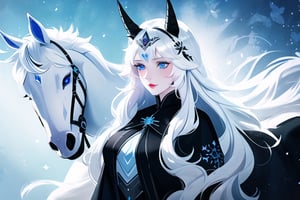 pale woman, long silver hair, black cloak, unicorn horn, human_focus, human face, horse tail, horse ears, icy blue eyes, 