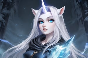 pale woman, long grey hair, black cloak, long iradescent unicorn horn, human face, horse tail, horse ears, electric blue eyes, ice queen