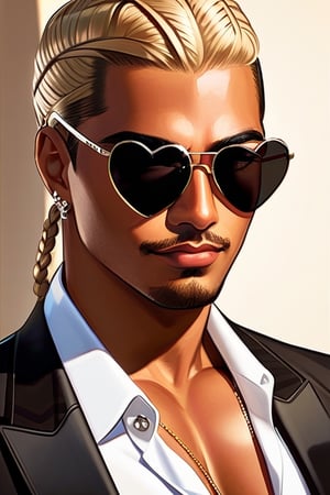  tan man, latino,  masculine, blond_cornrows, heart_sunglasses, mafia, pistols in hands