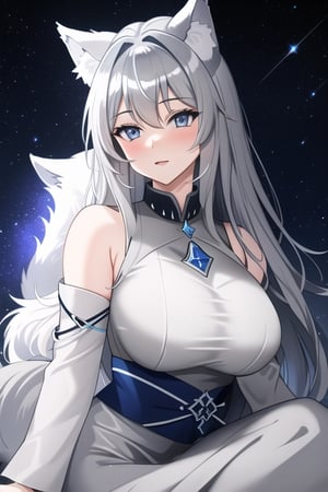 light grey wolf with blue-grey eyes, masterpiece, mystical, beautiful, howling, starry background
