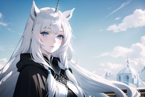 pale woman, unicorn horn, long silver hair, black cloak human face, horse tail, horse ears, icy blue eyes, ,cartoon