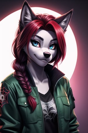 silver_fur, wolf, blue-grey eyes, red_hair, fishtail_braid over shoulder, furry, hellhound,cartoon,furry girl,FurryCore, black_spiderweb_shirt, green_bomber_jacket, female,