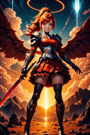 1girl, solo, long hair, breasts, looking at viewer, smile, bangs, skirt, thighhighs, gloves, holding, medium breasts, full body, ponytail, weapon, boots, outdoors, wings, sky, teeth, day, black gloves, sword, black thighhighs, cloud, holding weapon, orange hair, armor, grin, orange eyes, red skirt, halo, holding sword, red dress, shoulder armor, gauntlets, pauldrons, breastplate, armored boots, glowing wings