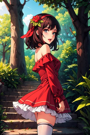 1girl, solo, looking at viewer, smile, open mouth, bangs, hair ornament, thighhighs, long sleeves, dress, ribbon, bare shoulders, standing, hair ribbon, cowboy shot, hairband, outdoors, frills, parted lips, day, off shoulder, from side, white thighhighs, tree, red dress, frilled dress, plant, nature, forest, stairs, off-shoulder dress