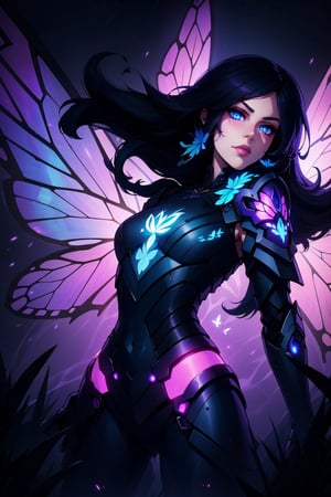 1girl, solo, long hair, looking at viewer, blue eyes, black hair, wings, armor, glowing, bug, butterfly, purple theme