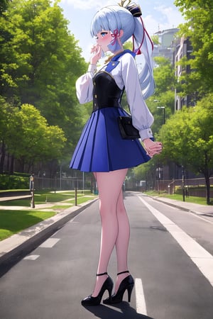 masterpiece, best quality, highres, at a park, shirt, walking, high heels, blue skirt, thick legs, kamisato_ayaka_genshin,bangs, blue_eyes, long_hair, blunt_bangs, ribbon, hair_ribbon, ponytail, blue_hair, blush, white_hair, hair_ornament, from side, pov hands,holding hands