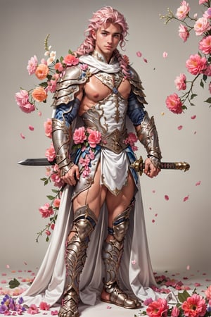 wearing armor, armor, 1man, pink bedroom background, wearing mini white skirt, slender boy , shy face  , pink braid hair , cute face , blue eyes, man body, sweaty body , sexy face, pink florest backwards , naked , full male body, male  ,flower4rmor, ,battoujutsu , king's white cape 