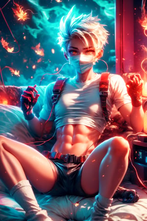 cyberpunk man, without, belly out, mask, long gloves , shirt, black leather, glowing light brown eyes, cables, wires, white hair, lying in bed in a room , long socks,  ,wearing mini skirt, night ,harness ,man,cute blond boy,firefliesfireflies, ,3d animation , dragon