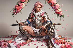 wearing armor, armor, 1man, pink bedroom background, wearing mini white skirt, slender boy , shy face  , pink braid hair , cute face , blue eyes, man body, sweaty body , sexy face, pink florest backwards , naked , full male body, male  ,flower4rmor, ,battoujutsu , king's white cape 