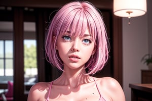 1woman, full perfect girl body, looking at viewer, bangs, blue eyes, hair between eyes, jewelry, closed mouth, upper body, pink hair, indoors, mole,  blurry, lips, blurry background, 