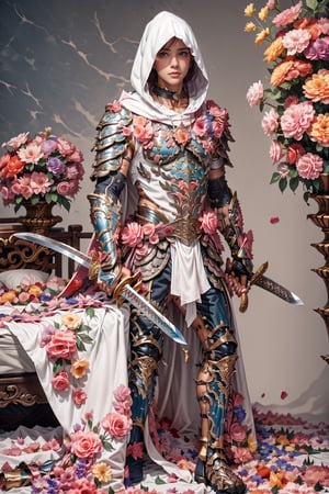 white hood , king's cape, wearing full armor ,full warmor , 1 man,  asian man, braid pink hair man , full body , blue eyes, man body, sweaty body , sexy face, pink florest backwards  ,  male chest  , pink florest bedroom background, sexy choker   ,flower4rmor,Flower,battoujutsu