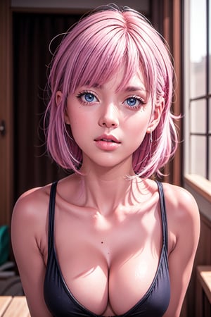 1woman, full perfect girl body, looking at viewer, bangs, blue eyes, hair between eyes, jewelry, closed mouth, upper body, pink hair, indoors, mole,  blurry, lips, blurry background, 