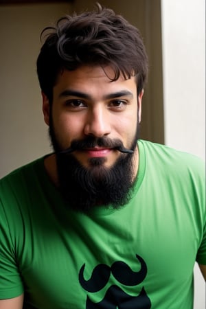 solo, looking at viewer, smile, shirt, black hair, 1boy, upper body, male focus, black eyes, facial hair, t-shirt, beard, realistic, green shirt, mustache,anepicboy