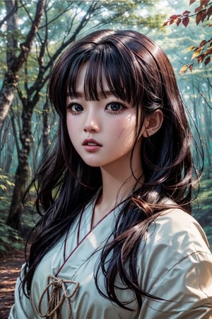 Kikyo, brown eyes, upper body, photorealistic, (hyperrealistic:1.2), perfect eyes, perfect face, perfect lighting, outdoors, warm colors, forest,perfect