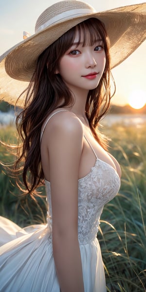 Masterpiece, highest quality, 1 girl, solo, 18 years old, beautiful korean girl, {beautiful and delicate eyes}, long hair, brown hair, flat bangs, big breasts, calm expression, natural soft light, delicate facial features , seductive human face, smiling eyes, open lips, looking at the viewer, normal body structure, correct proportions, perfect hands, (wearing a white dress and a sun hat:1.3), sexy model pose, seductive body shape, sweaty skin, film grain, cleavage exposed, real, (basking in the sunset in the grassy thicket:1.3)