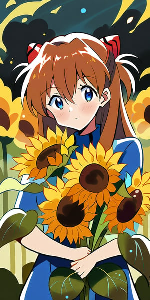 ,asuka langley soryu, long hair,bangs, blue eyes, brown hair,((holding sunflowers))